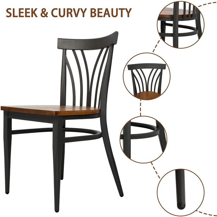 Set of 2 Kitchen Dining Chairs with Wood Seat Metal Legs Fully Assembled, Curve V Back, Dark Gray