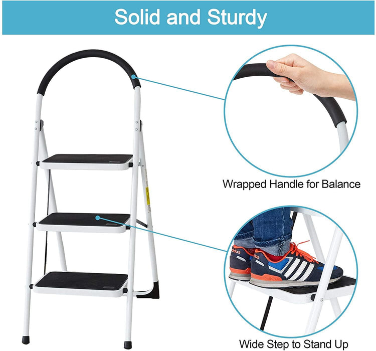 3 Step Stable Folding Step Ladder with Grips Sturdy Step Stool with Wide Pedal, 330 Lbs Capacity