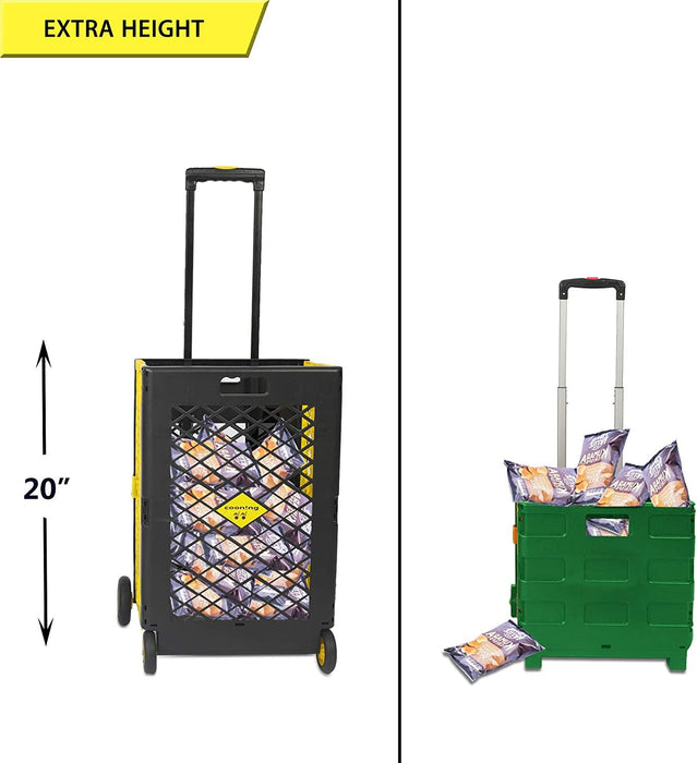 55L Folding Utility Shopping Cart with Wheels Telescopic Handle Collapsible Rolling Crate, Yellow