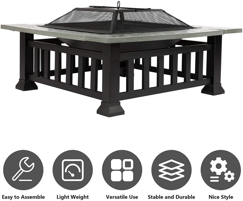 32" Outdoor Square Fire Pits Patio 4 in 1 Fire Pits for Heating Grilling Cooling Drinks & Food