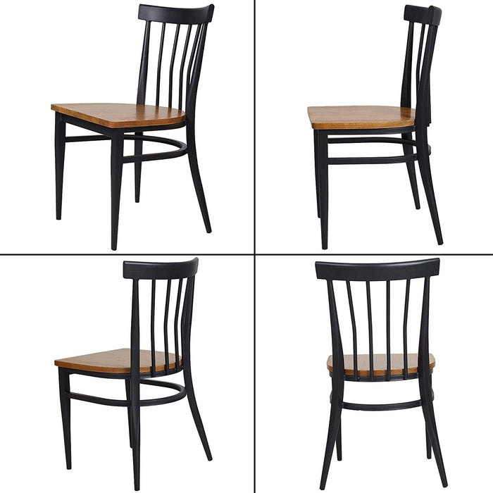 Set of 2 Dining Side Chairs Natural Wood Seat Iron Frame Kitchen Chairs, Comb Back, Black