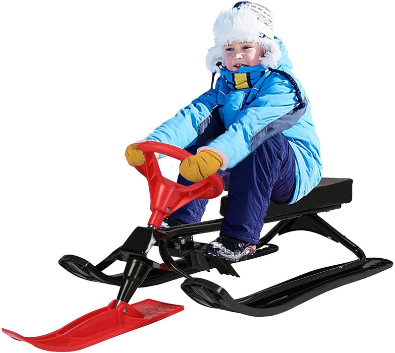 Snow Racer Sled with Steering Wheel and Brakes Kids Teens Ski Sled Slider Board, Red