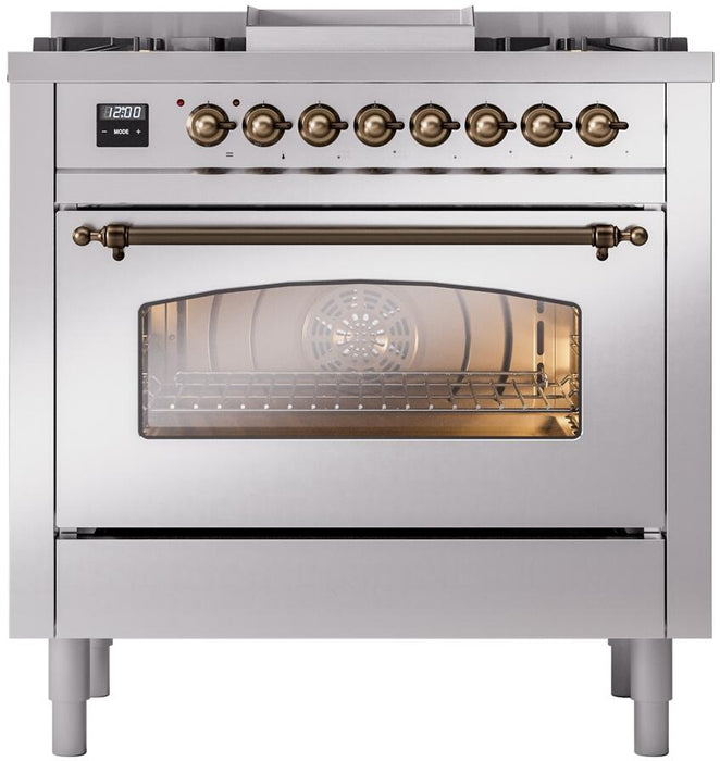 ILVE Nostalgie II 36" Dual Fuel Propane Gas Range in Stainless Steel with Bronze Trim, UP36FNMPSSBLP