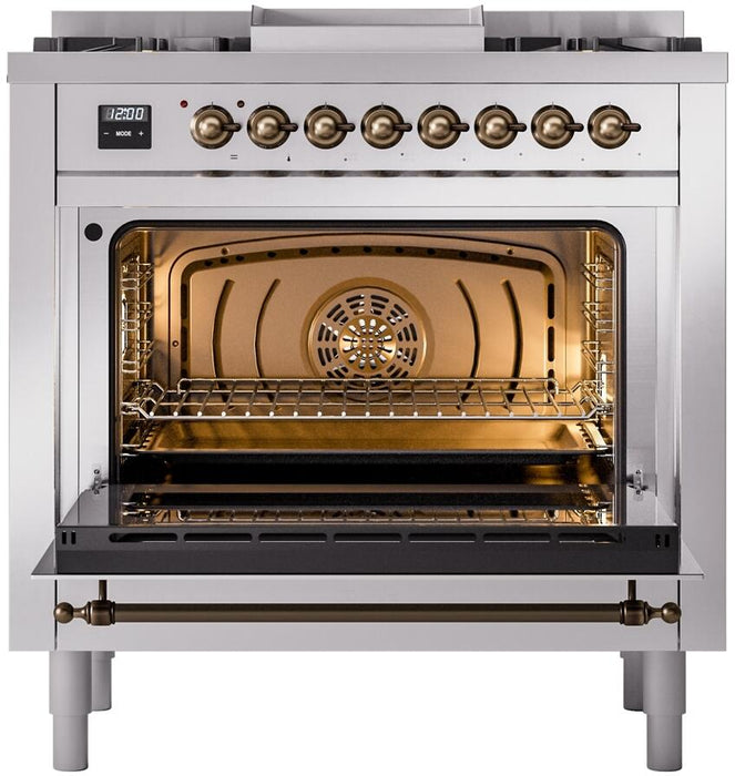 ILVE Nostalgie II 36" Dual Fuel Propane Gas Range in Stainless Steel with Bronze Trim, UP36FNMPSSBLP