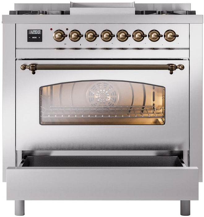 ILVE Nostalgie II 36" Dual Fuel Propane Gas Range in Stainless Steel with Bronze Trim, UP36FNMPSSBLP