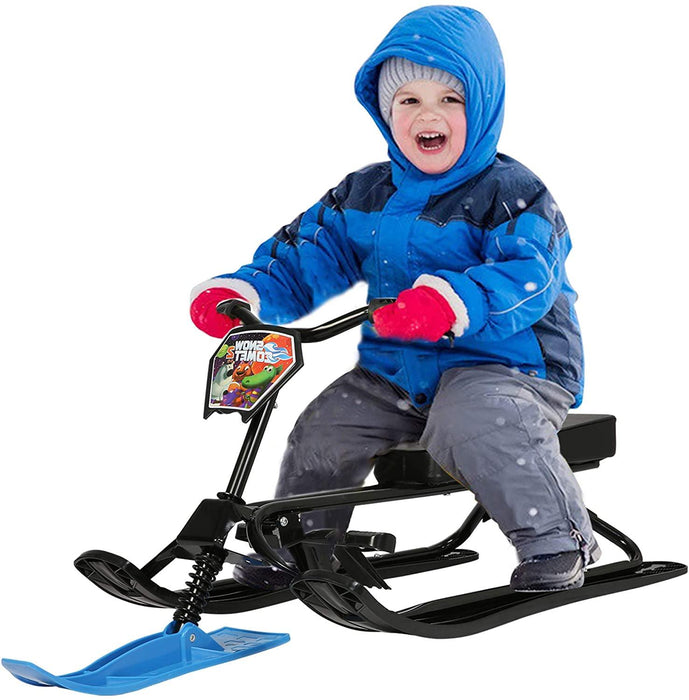 Snow Racer Sled with Steering Wheel and Brakes Kids Teens Ski Sled Slider Board, Blue