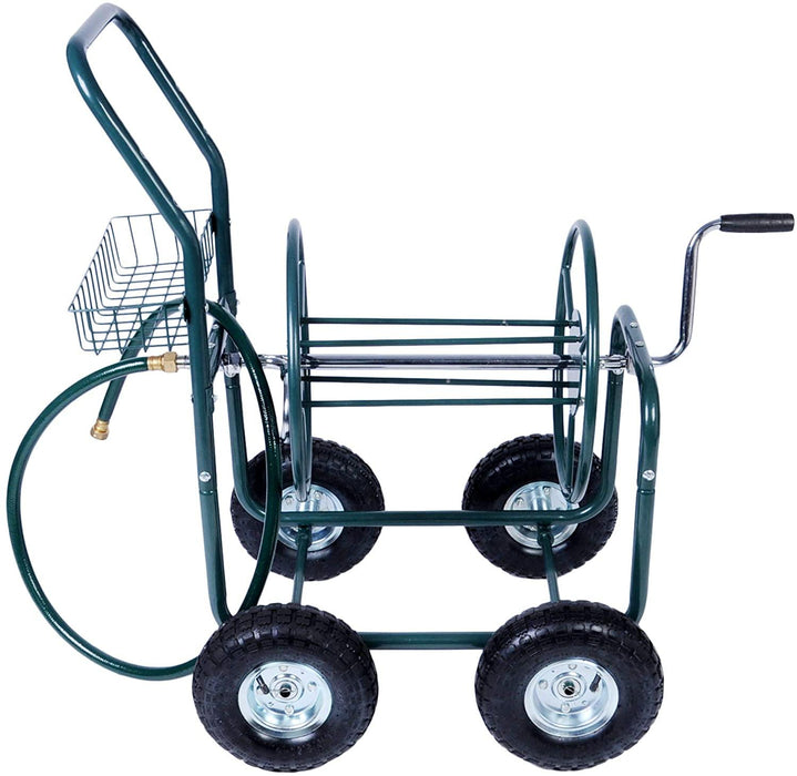 Portable Garden Hose Reel Cart with Wheels with Storage Basket Rust Resistant Water Hose Holder