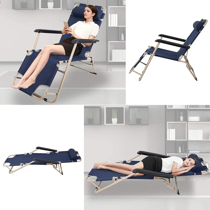 Set of 2 Portable Chaise Lounge Chair 60"L Flat Folding Outdoor Recliner Chairs, Dark Blue