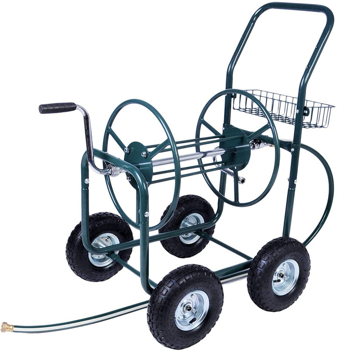 Portable Garden Hose Reel Cart with Wheels with Storage Basket Rust Resistant Water Hose Holder