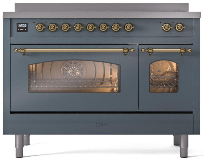 ILVE Nostalgie II 48" Induction Range with Element Stove and Electric Oven in Blue Grey with Brass Trim, UPI486NMPBGG