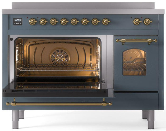 ILVE Nostalgie II 48" Induction Range with Element Stove and Electric Oven in Blue Grey with Brass Trim, UPI486NMPBGG