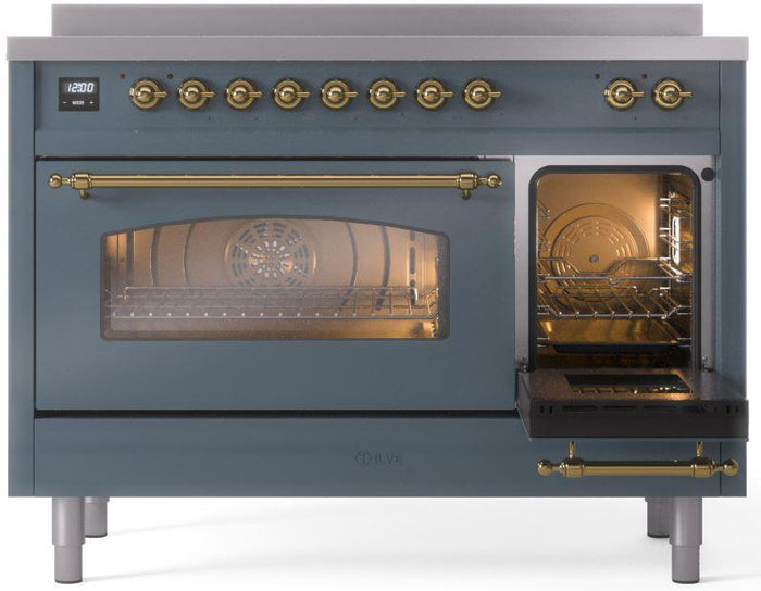 ILVE Nostalgie II 48" Induction Range with Element Stove and Electric Oven in Blue Grey with Brass Trim, UPI486NMPBGG