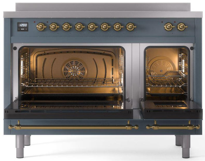 ILVE Nostalgie II 48" Induction Range with Element Stove and Electric Oven in Blue Grey with Brass Trim, UPI486NMPBGG