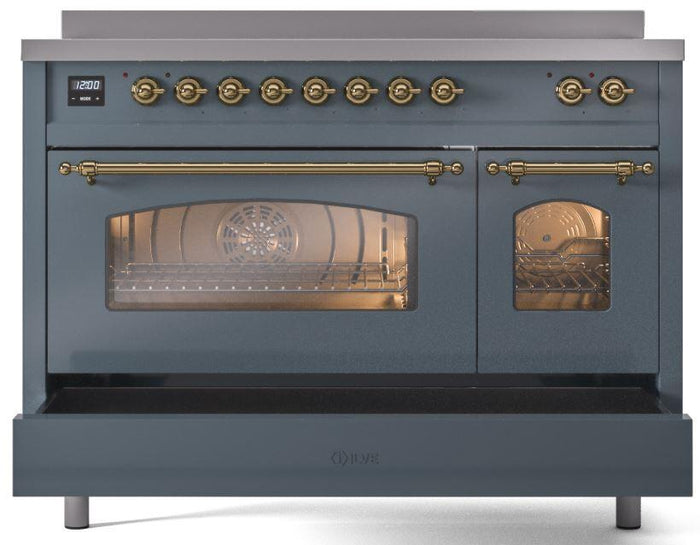 ILVE Nostalgie II 48" Induction Range with Element Stove and Electric Oven in Blue Grey with Brass Trim, UPI486NMPBGG