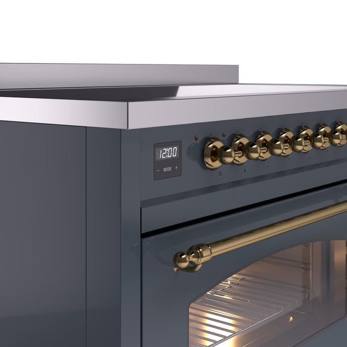 ILVE Nostalgie II 48" Induction Range with Element Stove and Electric Oven in Blue Grey with Brass Trim, UPI486NMPBGG