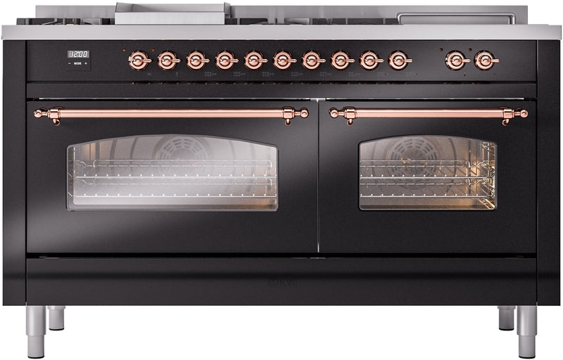 ILVE Nostalgie II 60" Dual Fuel Propane Gas Range in Glossy Black with Copper Trim, UP60FSNMPBKPLP