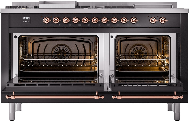 ILVE Nostalgie II 60" Dual Fuel Propane Gas Range in Glossy Black with Copper Trim, UP60FSNMPBKPLP