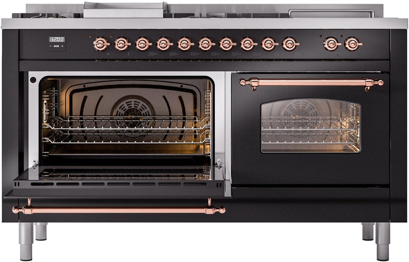 ILVE Nostalgie II 60" Dual Fuel Propane Gas Range in Glossy Black with Copper Trim, UP60FSNMPBKPLP