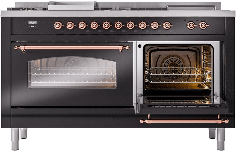 ILVE Nostalgie II 60" Dual Fuel Propane Gas Range in Glossy Black with Copper Trim, UP60FSNMPBKPLP