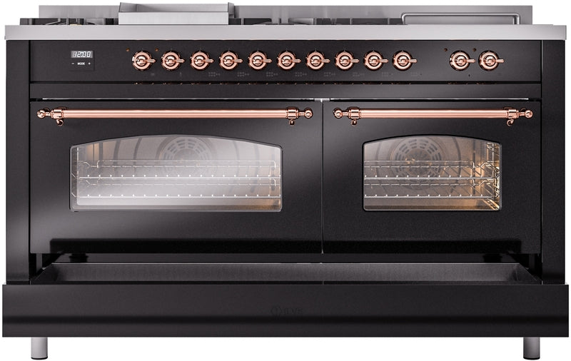 ILVE Nostalgie II 60" Dual Fuel Propane Gas Range in Glossy Black with Copper Trim, UP60FSNMPBKPLP