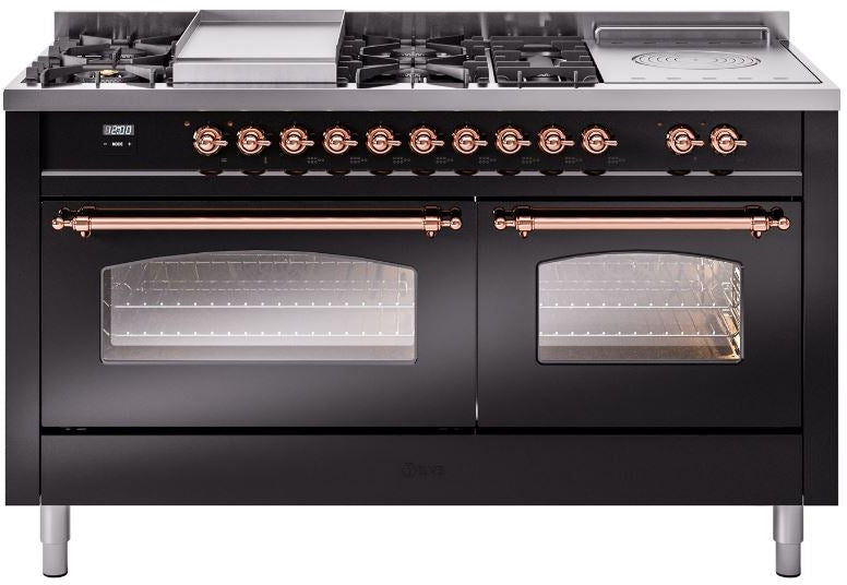 ILVE Nostalgie II 60" Dual Fuel Propane Gas Range in Glossy Black with Copper Trim, UP60FSNMPBKPLP