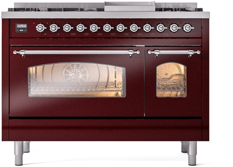 ILVE Nostalgie II 48" Dual Fuel Natural Gas Range in Burgundy with Chrome Trim, UP48FNMPBUC