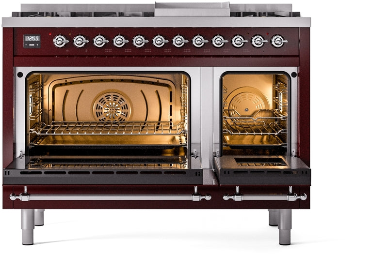 ILVE Nostalgie II 48" Dual Fuel Natural Gas Range in Burgundy with Chrome Trim, UP48FNMPBUC