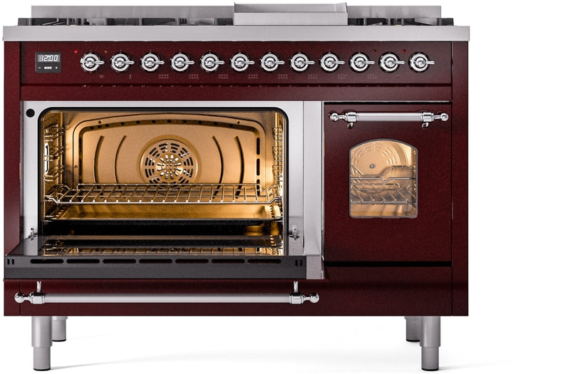 ILVE Nostalgie II 48" Dual Fuel Natural Gas Range in Burgundy with Chrome Trim, UP48FNMPBUC