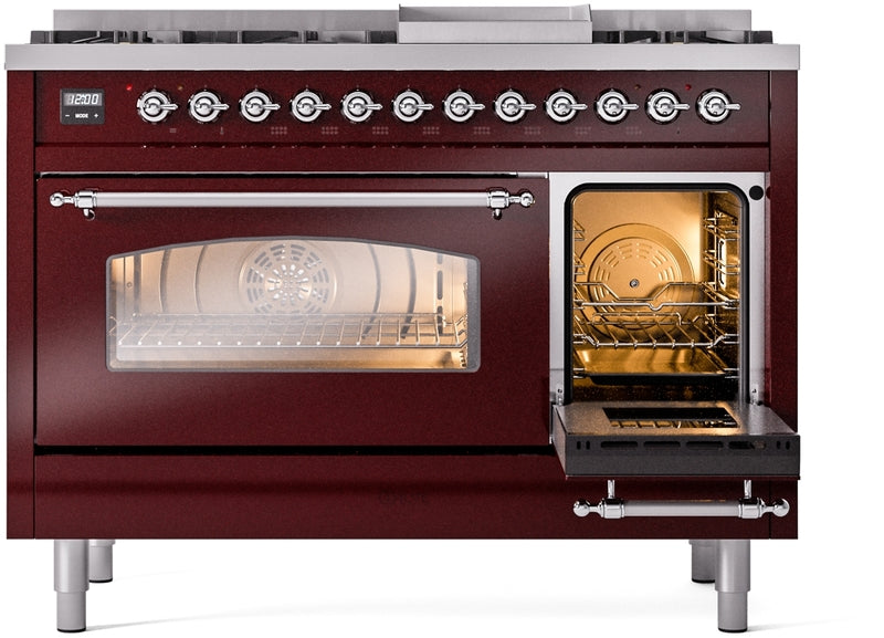 ILVE Nostalgie II 48" Dual Fuel Natural Gas Range in Burgundy with Chrome Trim, UP48FNMPBUC