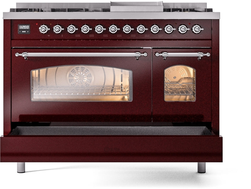 ILVE Nostalgie II 48" Dual Fuel Natural Gas Range in Burgundy with Chrome Trim, UP48FNMPBUC