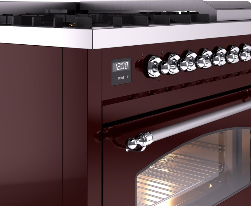 ILVE Nostalgie II 48" Dual Fuel Natural Gas Range in Burgundy with Chrome Trim, UP48FNMPBUC