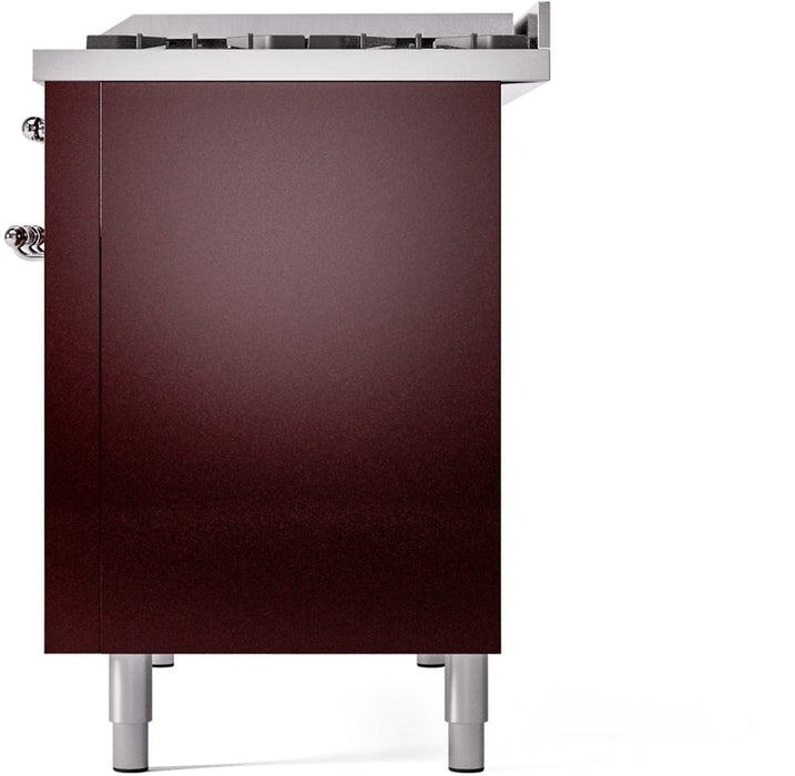 ILVE Nostalgie II 48" Dual Fuel Natural Gas Range in Burgundy with Chrome Trim, UP48FNMPBUC