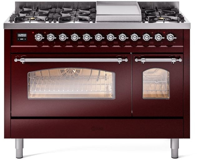 ILVE Nostalgie II 48" Dual Fuel Natural Gas Range in Burgundy with Chrome Trim, UP48FNMPBUC