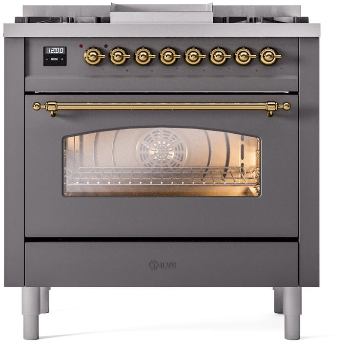 ILVE Nostalgie II 36" Dual Fuel Natural Gas Range in Matte Graphite with Brass Trim, UP36FNMPMGG