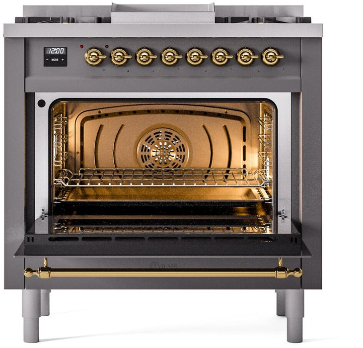 ILVE Nostalgie II 36" Dual Fuel Natural Gas Range in Matte Graphite with Brass Trim, UP36FNMPMGG