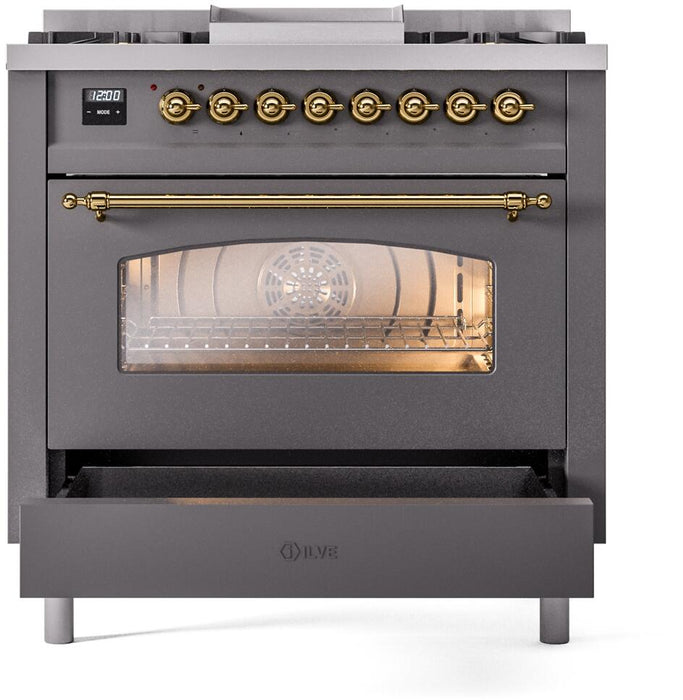 ILVE Nostalgie II 36" Dual Fuel Natural Gas Range in Matte Graphite with Brass Trim, UP36FNMPMGG