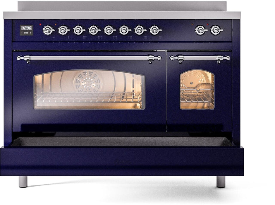 ILVE Nostalgie II 48" Induction Range with Element Stove and Electric Oven in Blue with Chrome Trim, UPI486NMPMBC