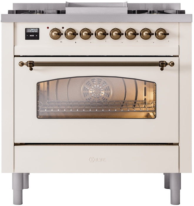 ILVE Nostalgie II 36" Dual Fuel Natural Gas Range in Antique White with Bronze Trim, UP36FNMPAWB