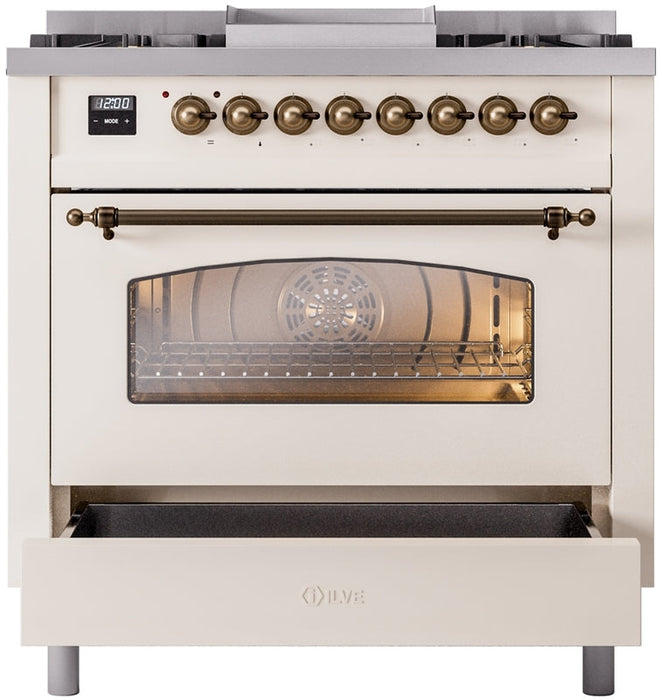 ILVE Nostalgie II 36" Dual Fuel Natural Gas Range in Antique White with Bronze Trim, UP36FNMPAWB