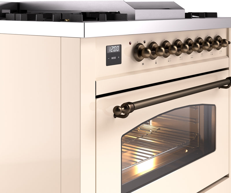 ILVE Nostalgie II 36" Dual Fuel Natural Gas Range in Antique White with Bronze Trim, UP36FNMPAWB