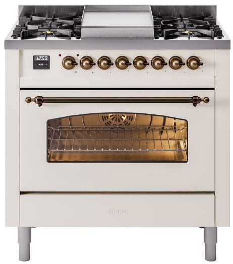 ILVE Nostalgie II 36" Dual Fuel Natural Gas Range in Antique White with Bronze Trim, UP36FNMPAWB