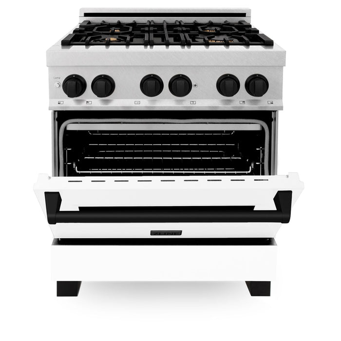 ZLINE Autograph Edition 30 in. 4.0 cu. ft. Range, Gas Stove/Electric Oven in DuraSnow® with White Matte Door, Matte Black Accents, RASZ-WM-30-MB