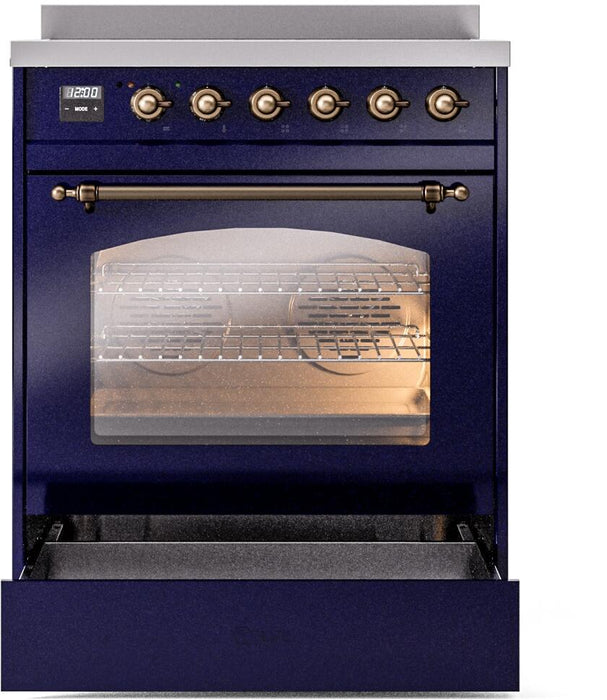 ILVE Nostalgie II 30" Induction Range with Element Stove and Electric Oven in Blue with Bronze Trim, UPI304NMPMBB