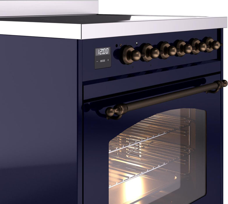 ILVE Nostalgie II 30" Induction Range with Element Stove and Electric Oven in Blue with Bronze Trim, UPI304NMPMBB