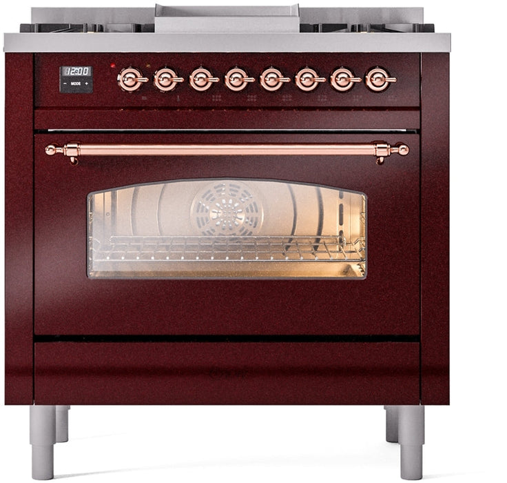 ILVE Nostalgie II 36" Dual Fuel Propane Gas Range in Burgundy with Copper Trim, UP36FNMPBUPLP