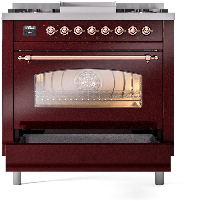 ILVE Nostalgie II 36" Dual Fuel Propane Gas Range in Burgundy with Copper Trim, UP36FNMPBUPLP