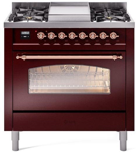 ILVE Nostalgie II 36" Dual Fuel Propane Gas Range in Burgundy with Copper Trim, UP36FNMPBUPLP