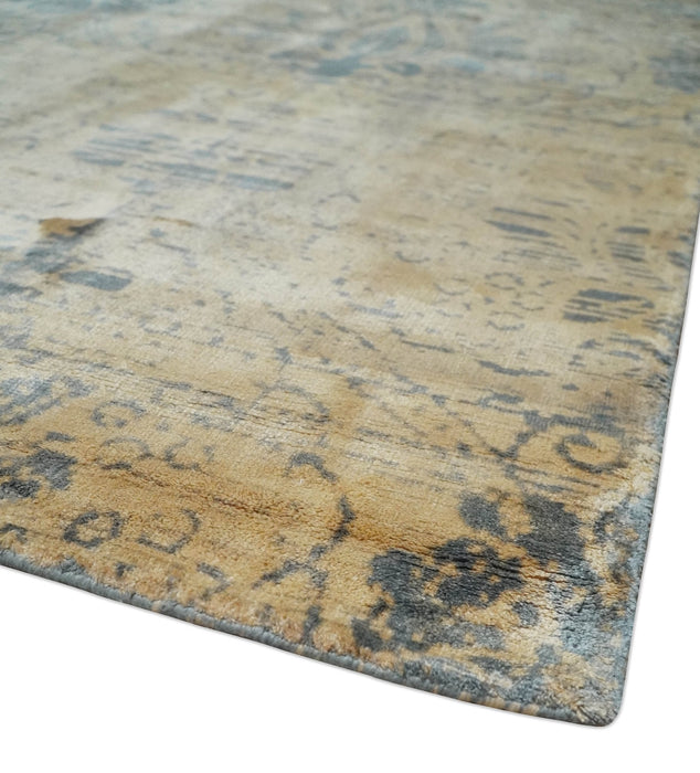 7.6x9x10 Charcoal and Gold Modern Ikat Design Handmade Art Silk Area Rug