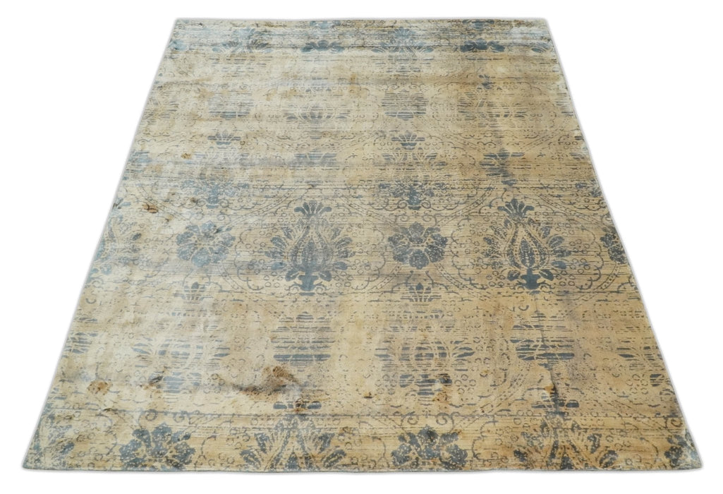 7.6x9x10 Charcoal and Gold Modern Ikat Design Handmade Art Silk Area Rug