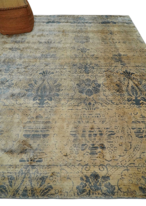 7.6x9x10 Charcoal and Gold Modern Ikat Design Handmade Art Silk Area Rug